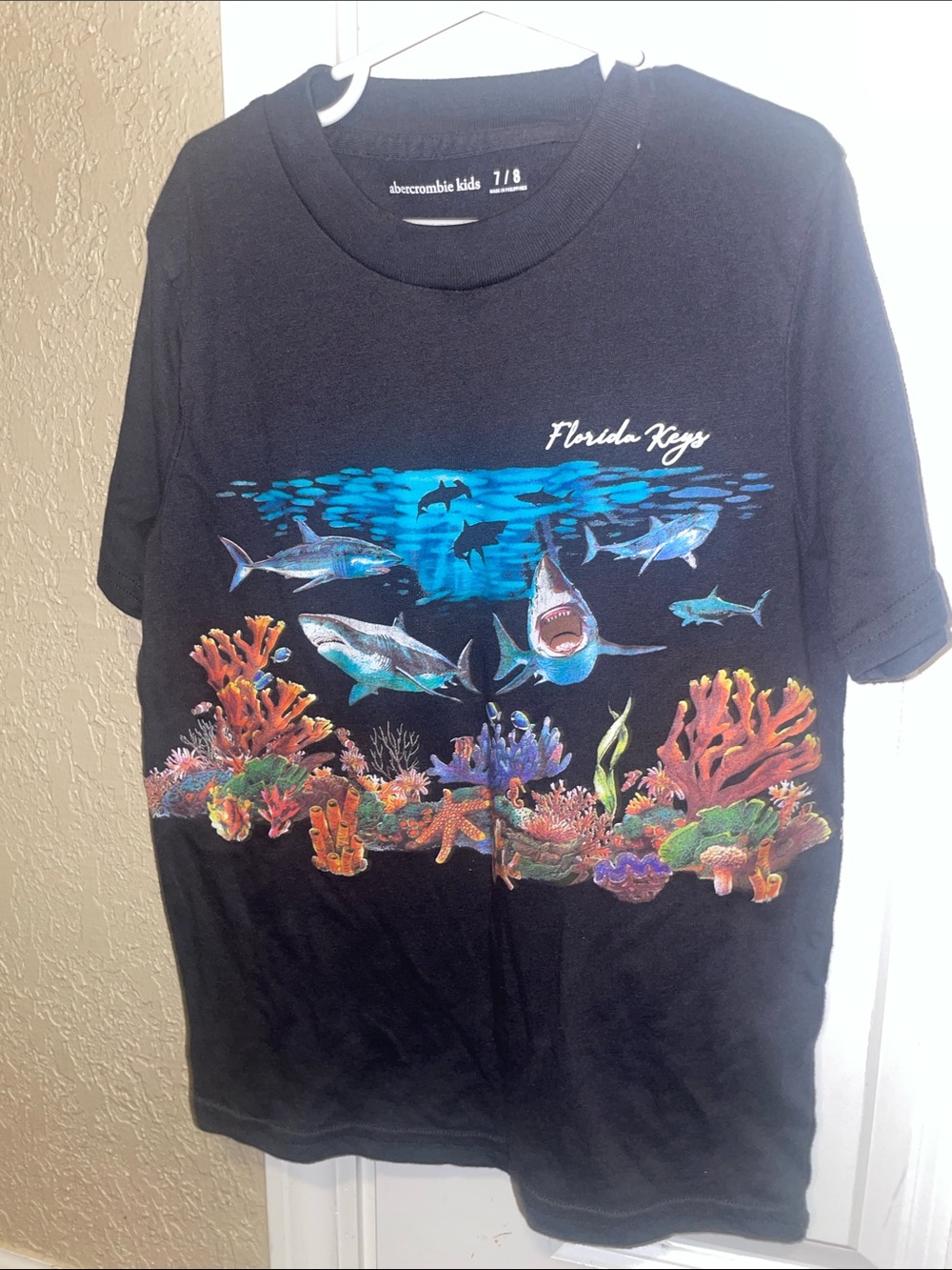 abercrombie kids Black Tee with Blue & Multicolor Shark Reef Graphic